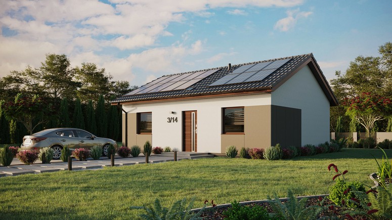 ERDOL 2 - Version Links (Wohnzimmer auf der linken Seite) - Satteldach ohne ausgebautem Dachboden -Dachneigung  25 Grad - Starres Tunneldachfenster - Standard - Styropor, Netz, Kleber - Nusbaum - Photovoltaik-Installation 6,4 kWp (16 Paneele)