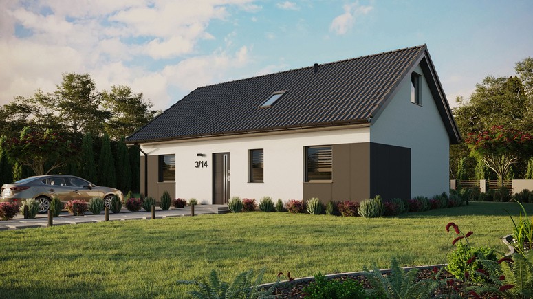 ERDOL 3 - Version Links (Wohnzimmer auf der linken Seite) - Satteldach mit ausgebautem Dachboden -Dachneigung  35 Grad - Dachfenster für Zimmer und Badezimmer - Standard - Styropor, Netz, Kleber - Anthrazit - Ohne