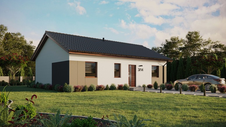 ERDOL 3 - Version Rechts (Wohnzimmer auf der rechten Seite) - Satteldach ohne ausgebautem Dachboden -Dachneigung  25 Grad - Keine Dachfenster - Standard - Styropor, Netz, Kleber - Nusbaum - Ohne