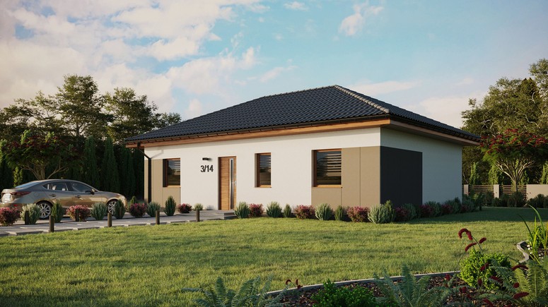 ERDOL 3 - Version Links (Wohnzimmer auf der linken Seite) - Walmdach ohne ausgebautem Dachboden - Dachneigung 25 Grad - Keine Dachfenster - Balkontür im Esszimmer - Styropor, Netz, Kleber - Goldene Eiche