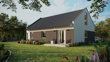 ERDOL 3 - Version Links (Wohnzimmer auf der linken Seite) - Modernes Satteldach mit ausgebautem Dachboden -Dachneigung  35 Grad - Keine Dachfenster - Bodentiefes Fenster im Dachgeschoss - Styropor, Netz, Kleber - Weiß - Ohne