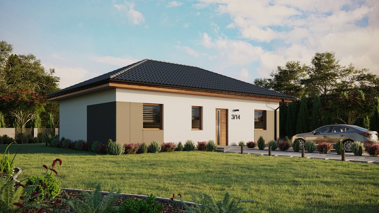 ERDOL 3 - Version Rechts (Wohnzimmer auf der rechten Seite) - Walmdach ohne ausgebautem Dachboden - Dachneigung 25 Grad - Keine Dachfenster - Balkontür im Esszimmer - Styropor, Netz, Kleber - Goldene Eiche