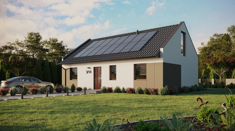 ERDOL 3 - Version Links (Wohnzimmer auf der linken Seite) - Modernes Satteldach mit ausgebautem Dachboden -Dachneigung  35 Grad - Keine Dachfenster - Balkontür im Esszimmer und Bodentiefes Fenster im Dachgeschoss - Styropor, Netz, Kleber - Nusbaum - Photovoltaik-Installation 6,4 kWp (16 Paneele)