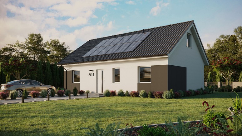 ERDOL 3 - Version Links (Wohnzimmer auf der linken Seite) - Satteldach mit ausgebautem Dachboden -Dachneigung  35 Grad - Keine Dachfenster - Standard - Styropor, Netz, Kleber - Weiß - Photovoltaik-Installation 4,8 kWp (12 Paneele)