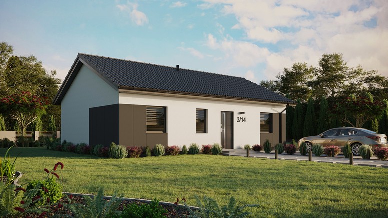 ERDOL 3 - Version Rechts (Wohnzimmer auf der rechten Seite) - Satteldach ohne ausgebautem Dachboden -Dachneigung  25 Grad - Keine Dachfenster - Standard - Styropor, Netz, Kleber - Anthrazit - Ohne