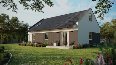 ERDOL 3 - Version Links (Wohnzimmer auf der linken Seite) - Modernes Satteldach mit ausgebautem Dachboden -Dachneigung  35 Grad - Dachfenster für Zimmer und Badezimmer - Standard - Styropor, Netz, Kleber - Weiß - Ohne