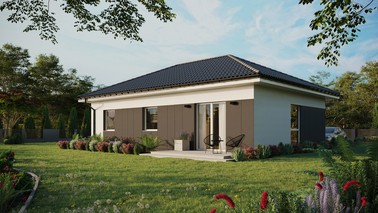 ERDOL 3 - Version Links (Wohnzimmer auf der linken Seite) - Walmdach ohne ausgebautem Dachboden - Dachneigung 25 Grad - Keine Dachfenster - Balkontür im Esszimmer - Styropor, Netz, Kleber - Weiß