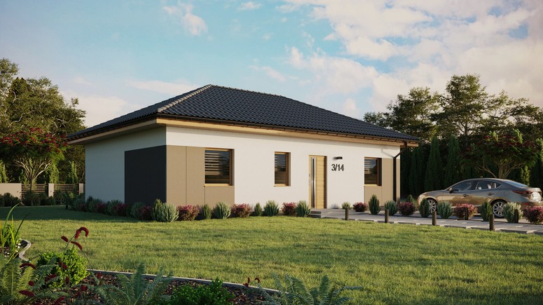 ERDOL 3 - Version Rechts (Wohnzimmer auf der rechten Seite) - Walmdach ohne ausgebautem Dachboden - Dachneigung 25 Grad - Keine Dachfenster - Standard - Styropor, Netz, Kleber - Winchester