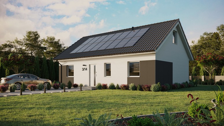 ERDOL 3 - Version Links (Wohnzimmer auf der linken Seite) - Satteldach mit ausgebautem Dachboden -Dachneigung  35 Grad - Keine Dachfenster - Standard - Styropor, Netz, Kleber - Weiß - Photovoltaik-Installation 6,4 kWp (16 Paneele)