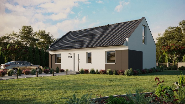 ERDOL 3 - Version Links (Wohnzimmer auf der linken Seite) - Modernes Satteldach mit ausgebautem Dachboden -Dachneigung  35 Grad - Keine Dachfenster - Balkontür im Esszimmer und Bodentiefes Fenster im Dachgeschoss - Styropor, Netz, Kleber - Weiß - Ohne