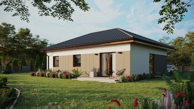 ERDOL 3 - Version Links (Wohnzimmer auf der linken Seite) - Walmdach ohne ausgebautem Dachboden - Dachneigung 25 Grad - Keine Dachfenster - Balkontür im Esszimmer - Styropor, Netz, Kleber - Nusbaum