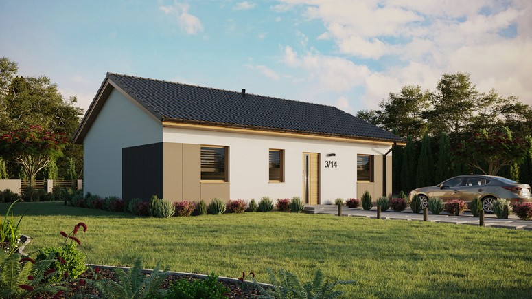 ERDOL 3 - Version Rechts (Wohnzimmer auf der rechten Seite) - Satteldach ohne ausgebautem Dachboden -Dachneigung  25 Grad - Keine Dachfenster - Standard - Styropor, Netz, Kleber - Winchester - Ohne