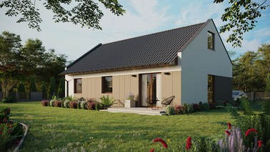 ERDOL 3 - Version Links (Wohnzimmer auf der linken Seite) - Modernes Satteldach mit ausgebautem Dachboden -Dachneigung  35 Grad - Keine Dachfenster - Balkontür im Esszimmer - Styropor, Netz, Kleber - Nusbaum - Ohne