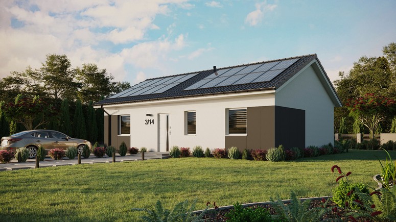 ERDOL 3 - Version Links (Wohnzimmer auf der linken Seite) - Satteldach ohne ausgebautem Dachboden -Dachneigung  25 Grad - Keine Dachfenster - Standard - Styropor, Netz, Kleber - Weiß - Photovoltaik-Installation 8 kWp (20 Paneele)