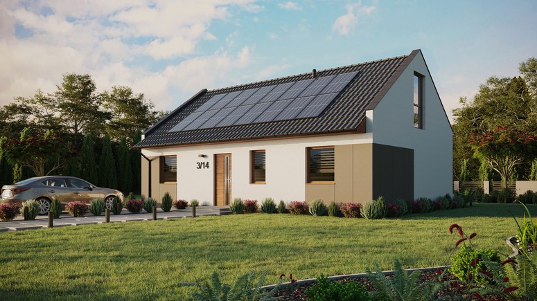 ERDOL 3 - Version Links (Wohnzimmer auf der linken Seite) - Modernes Satteldach mit ausgebautem Dachboden -Dachneigung  35 Grad - Keine Dachfenster - Balkontür im Esszimmer und Bodentiefes Fenster im Dachgeschoss - Styropor, Netz, Kleber - Goldene Eiche - Photovoltaik-Installation 6,4 kWp (16 Paneele)