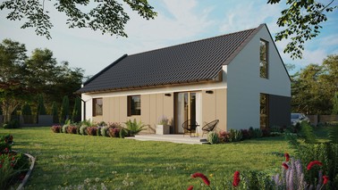 ERDOL 3 - Version Links (Wohnzimmer auf der linken Seite) - Modernes Satteldach mit ausgebautem Dachboden -Dachneigung  35 Grad - Keine Dachfenster - Balkontür im Esszimmer und Bodentiefes Fenster im Dachgeschoss - Styropor, Netz, Kleber - Winchester - Ohne