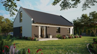 ERDOL 3 - Version Rechts (Wohnzimmer auf der rechten Seite) - Modernes Satteldach mit ausgebautem Dachboden -Dachneigung  35 Grad - Keine Dachfenster - Bodentiefes Fenster im Dachgeschoss - Styropor, Netz, Kleber - Anthrazit - Ohne