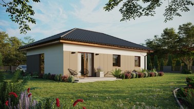 ERDOL 3 - Version Rechts (Wohnzimmer auf der rechten Seite) - Walmdach ohne ausgebautem Dachboden - Dachneigung 25 Grad - Keine Dachfenster - Balkontür im Esszimmer - Styropor, Netz, Kleber - Goldene Eiche