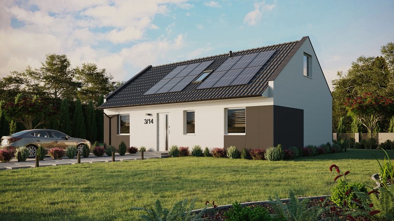 ERDOL 3 - Version Links (Wohnzimmer auf der linken Seite) - Modernes Satteldach mit ausgebautem Dachboden -Dachneigung  35 Grad - Dachfenster für Zimmer und Badezimmer - Standard - Styropor, Netz, Kleber - Weiß - Photovoltaik-Installation 4,8 kWp (12 Paneele)