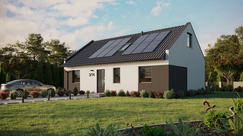 ERDOL 3 - Version Links (Wohnzimmer auf der linken Seite) - Modernes Satteldach mit ausgebautem Dachboden -Dachneigung  35 Grad - Dachfenster für Zimmer und Badezimmer - Standard - Styropor, Netz, Kleber - Anthrazit - Photovoltaik-Installation 4,8 kWp (12 Paneele)