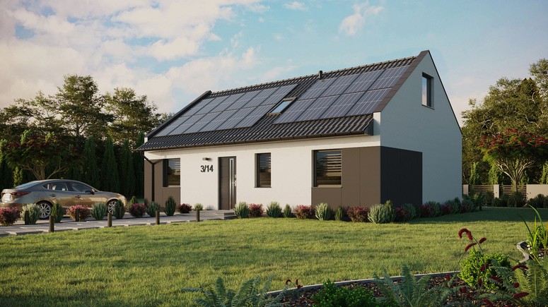 ERDOL 3 - Version Links (Wohnzimmer auf der linken Seite) - Modernes Satteldach mit ausgebautem Dachboden -Dachneigung  35 Grad - Zwei Zimmer-Dachfenster und ein Badezimmer-Dachfenster - Standard - Styropor, Netz, Kleber - Anthrazit - Photovoltaik-Installation 8 kWp (20 Paneele)