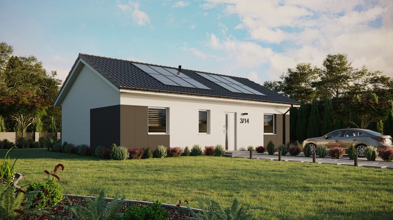 ERDOL 3 - Version Rechts (Wohnzimmer auf der rechten Seite) - Satteldach ohne ausgebautem Dachboden -Dachneigung  25 Grad - Keine Dachfenster - Standard - Styropor, Netz, Kleber - Weiß - Photovoltaik-Installation 4,8 kWp (12 Paneele)