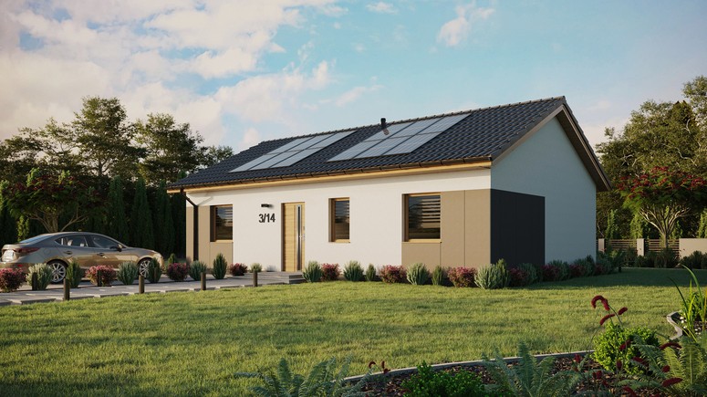 ERDOL 3 - Version Links (Wohnzimmer auf der linken Seite) - Satteldach ohne ausgebautem Dachboden -Dachneigung  25 Grad - Keine Dachfenster - Standard - Styropor, Netz, Kleber - Winchester - Photovoltaik-Installation 4,8 kWp (12 Paneele)