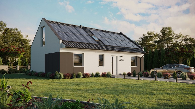 ERDOL 3 - Version Rechts (Wohnzimmer auf der rechten Seite) - Modernes Satteldach mit ausgebautem Dachboden -Dachneigung  35 Grad - Zwei Zimmer-Dachfenster und ein Badezimmer-Dachfenster - Bodentiefes Fenster im Dachgeschoss - Styropor, Netz, Kleber - Weiß - Photovoltaik-Installation 8 kWp (20 Paneele)