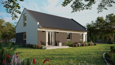 ERDOL 3 - Version Rechts (Wohnzimmer auf der rechten Seite) - Modernes Satteldach mit ausgebautem Dachboden -Dachneigung  35 Grad - Keine Dachfenster - Bodentiefes Fenster im Dachgeschoss - Styropor, Netz, Kleber - Weiß - Ohne