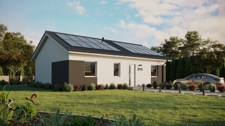 ERDOL 3 - Version Rechts (Wohnzimmer auf der rechten Seite) - Satteldach ohne ausgebautem Dachboden -Dachneigung  25 Grad - Keine Dachfenster - Standard - Styropor, Netz, Kleber - Weiß - Photovoltaik-Installation 8 kWp (20 Paneele)