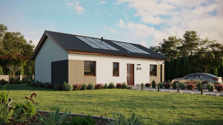 ERDOL 3 - Version Rechts (Wohnzimmer auf der rechten Seite) - Satteldach ohne ausgebautem Dachboden -Dachneigung  25 Grad - Starres Tunneldachfenster - Standard - Styropor, Netz, Kleber - Nusbaum - Photovoltaik-Installation 4,8 kWp (12 Paneele)