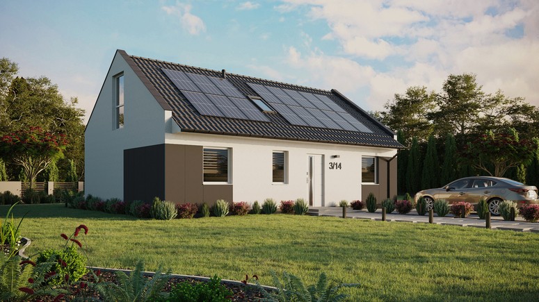 ERDOL 3 - Version Rechts (Wohnzimmer auf der rechten Seite) - Modernes Satteldach mit ausgebautem Dachboden -Dachneigung  35 Grad - Zwei Zimmer-Dachfenster und ein Badezimmer-Dachfenster - Bodentiefes Fenster im Dachgeschoss - Styropor, Netz, Kleber - Weiß - Photovoltaik-Installation 6,4 kWp (16 Paneele)