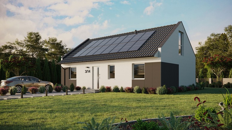 ERDOL 3 - Version Links (Wohnzimmer auf der linken Seite) - Modernes Satteldach mit ausgebautem Dachboden -Dachneigung  35 Grad - Keine Dachfenster - Balkontür im Esszimmer und Bodentiefes Fenster im Dachgeschoss - Styropor, Netz, Kleber - Weiß - Photovoltaik-Installation 6,4 kWp (16 Paneele)