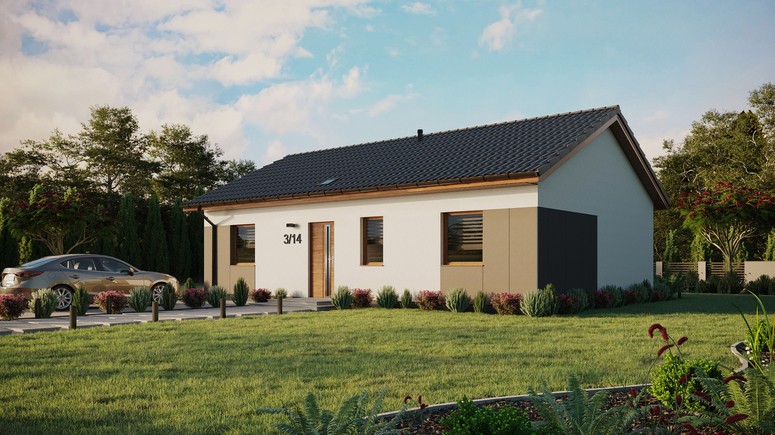 ERDOL 3 - Version Links (Wohnzimmer auf der linken Seite) - Satteldach ohne ausgebautem Dachboden -Dachneigung  25 Grad - Starres Tunneldachfenster - Balkontür im Esszimmer - Styropor, Netz, Kleber - Goldene Eiche - Ohne