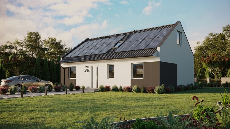 ERDOL 3 - Version Links (Wohnzimmer auf der linken Seite) - Modernes Satteldach mit ausgebautem Dachboden -Dachneigung  35 Grad - Dachfenster für Zimmer und Badezimmer - Standard - Styropor, Netz, Kleber - Weiß - Photovoltaik-Installation 8 kWp (20 Paneele)