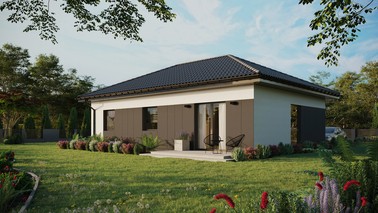 ERDOL 3 - Version Links (Wohnzimmer auf der linken Seite) - Walmdach ohne ausgebautem Dachboden - Dachneigung 25 Grad - Keine Dachfenster - Balkontür im Esszimmer - Styropor, Netz, Kleber - Anthrazit