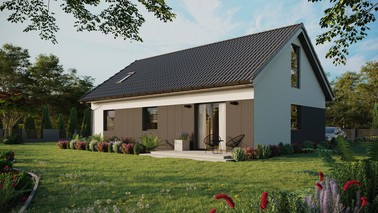 ERDOL 3 - Version Links (Wohnzimmer auf der linken Seite) - Satteldach mit ausgebautem Dachboden -Dachneigung  35 Grad - Dachfenster für Zimmer und Badezimmer - Bodentiefes Fenster im Dachgeschoss - Styropor, Netz, Kleber - Anthrazit - Ohne