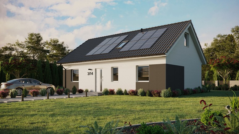 ERDOL 3 - Version Links (Wohnzimmer auf der linken Seite) - Satteldach mit ausgebautem Dachboden -Dachneigung  35 Grad - Dachfenster für Zimmer und Badezimmer - Standard - Styropor, Netz, Kleber - Weiß - Photovoltaik-Installation 4,8 kWp (12 Paneele)