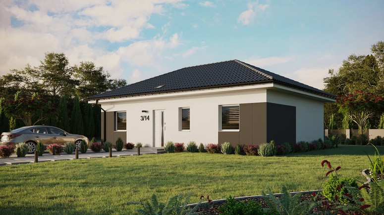 ERDOL 3 - Version Links (Wohnzimmer auf der linken Seite) - Walmdach ohne ausgebautem Dachboden - Dachneigung 25 Grad - Starres Tunneldachfenster - Balkontür im Esszimmer - Styropor, Netz, Kleber - Weiß