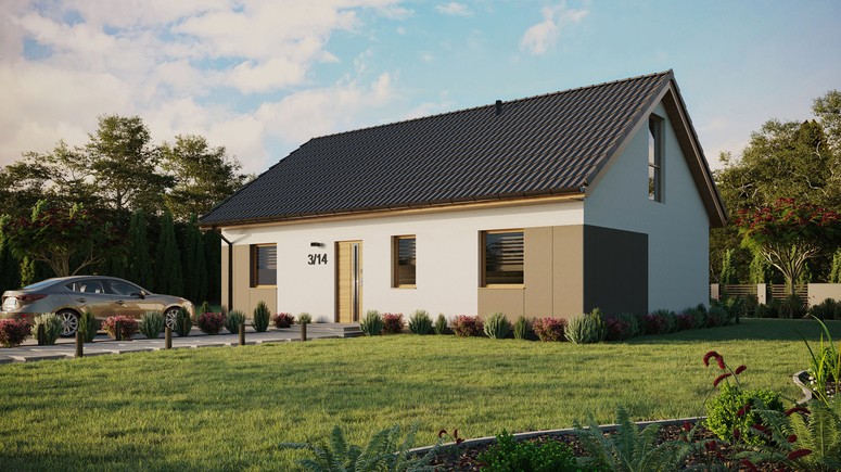 ERDOL 3 - Version Links (Wohnzimmer auf der linken Seite) - Satteldach mit ausgebautem Dachboden -Dachneigung  35 Grad - Keine Dachfenster - Balkontür im Esszimmer und Bodentiefes Fenster im Dachgeschoss - Styropor, Netz, Kleber - Winchester - Ohne