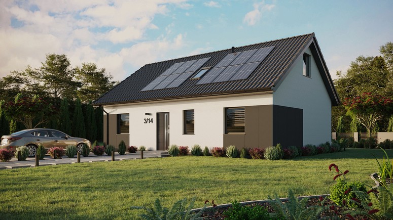 ERDOL 3 - Version Links (Wohnzimmer auf der linken Seite) - Satteldach mit ausgebautem Dachboden -Dachneigung  35 Grad - Dachfenster für Zimmer und Badezimmer - Balkontür im Esszimmer - Styropor, Netz, Kleber - Anthrazit - Photovoltaik-Installation 4,8 kWp (12 Paneele)