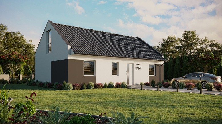 ERDOL 3 - Version Rechts (Wohnzimmer auf der rechten Seite) - Modernes Satteldach mit ausgebautem Dachboden -Dachneigung  35 Grad - Keine Dachfenster - Balkontür im Esszimmer und Bodentiefes Fenster im Dachgeschoss - Styropor, Netz, Kleber - Weiß - Ohne