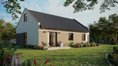 ERDOL 3 - Version Rechts (Wohnzimmer auf der rechten Seite) - Modernes Satteldach mit ausgebautem Dachboden -Dachneigung  35 Grad - Keine Dachfenster - Balkontür im Esszimmer - Styropor, Netz, Kleber - Nusbaum - Ohne