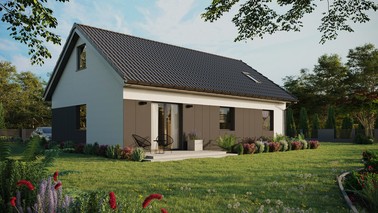 ERDOL 3 - Version Rechts (Wohnzimmer auf der rechten Seite) - Satteldach mit ausgebautem Dachboden -Dachneigung  35 Grad - Dachfenster für Zimmer und Badezimmer - Standard - Styropor, Netz, Kleber - Anthrazit - Ohne