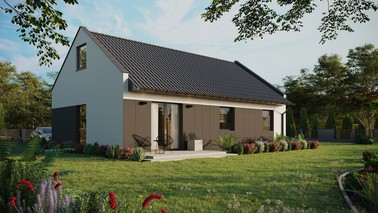 ERDOL 3 - Version Rechts (Wohnzimmer auf der rechten Seite) - Modernes Satteldach mit ausgebautem Dachboden -Dachneigung  35 Grad - Keine Dachfenster - Balkontür im Esszimmer - Styropor, Netz, Kleber - Anthrazit - Ohne