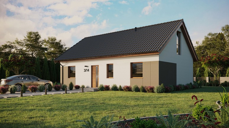 ERDOL 3 - Version Links (Wohnzimmer auf der linken Seite) - Satteldach mit ausgebautem Dachboden -Dachneigung  35 Grad - Keine Dachfenster - Balkontür im Esszimmer und Bodentiefes Fenster im Dachgeschoss - Styropor, Netz, Kleber - Goldene Eiche - Ohne