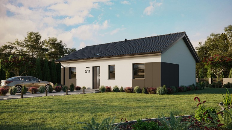 ERDOL 3 - Version Links (Wohnzimmer auf der linken Seite) - Satteldach ohne ausgebautem Dachboden -Dachneigung  25 Grad - Starres Tunneldachfenster - Standard - Styropor, Netz, Kleber - Anthrazit - Photovoltaik-Installation 8 kWp (20 Paneele)