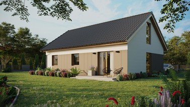 ERDOL 3 - Version Links (Wohnzimmer auf der linken Seite) - Satteldach mit ausgebautem Dachboden -Dachneigung  35 Grad - Keine Dachfenster - Balkontür im Esszimmer und Bodentiefes Fenster im Dachgeschoss - Styropor, Netz, Kleber - Winchester - Ohne