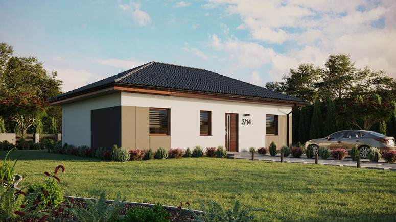 ERDOL 3 - Version Rechts (Wohnzimmer auf der rechten Seite) - Walmdach ohne ausgebautem Dachboden - Dachneigung 25 Grad - Keine Dachfenster - Standard - Styropor, Netz, Kleber - Nusbaum