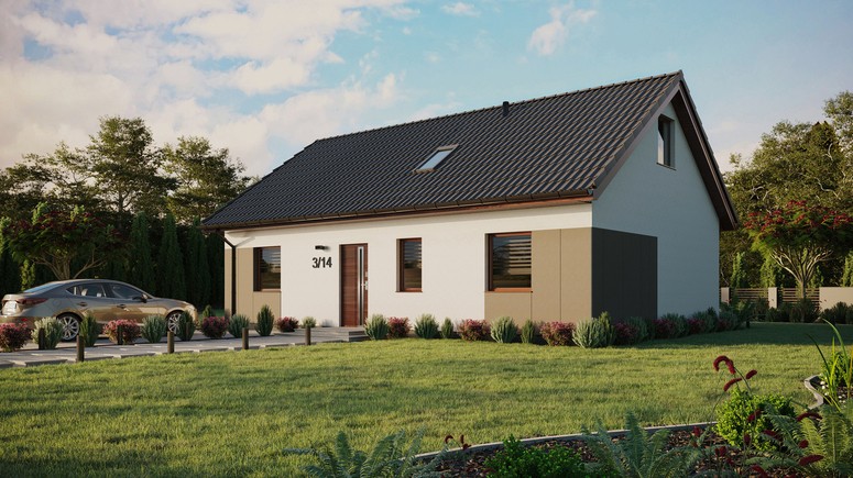 ERDOL 3 - Version Links (Wohnzimmer auf der linken Seite) - Satteldach mit ausgebautem Dachboden -Dachneigung  35 Grad - Dachfenster für Zimmer und Badezimmer - Standard - Styropor, Netz, Kleber - Nusbaum - Ohne